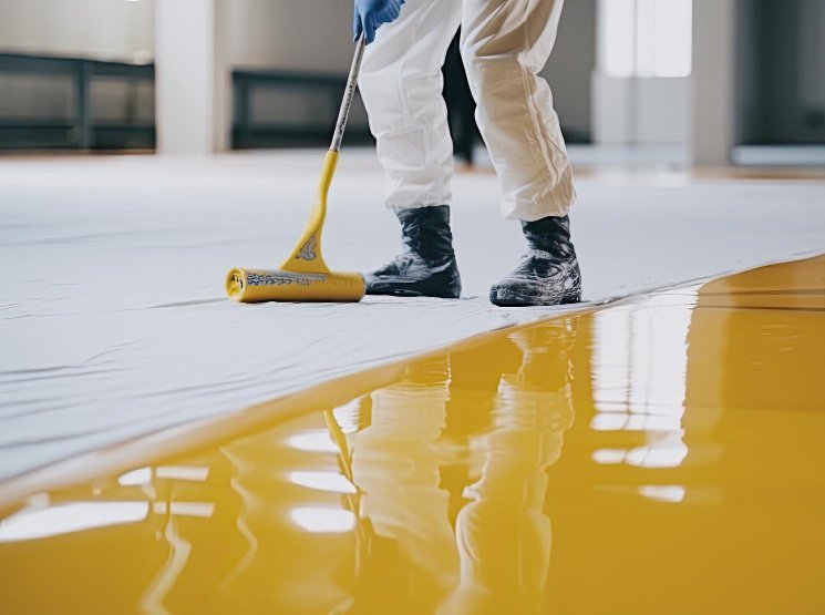 Industrial resin flooring for warehouses and factories in England Warehouse floor refurbishment with epoxy in England